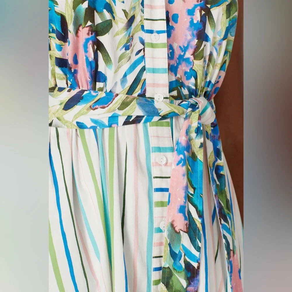 Badgley Mischka Floral Stripe Midi Dress 8 Tie Waist Sleeveless resort